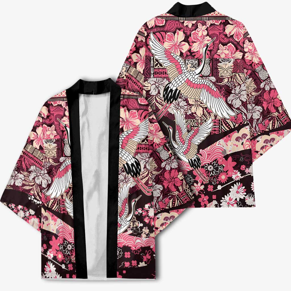 Japanese Hawaiian Crane Kimono Soft Pink Tapa Patchwork Pattern LT9 - Polynesian Pride