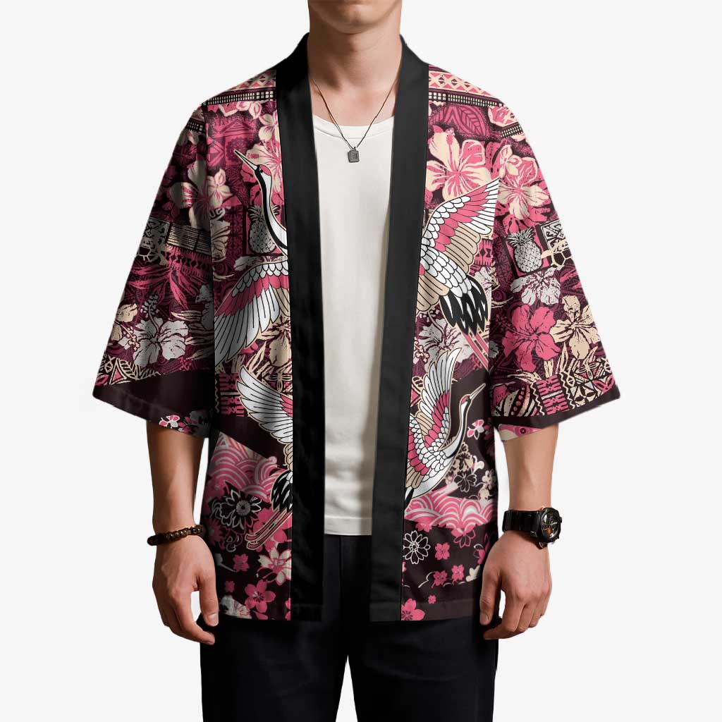 Japanese Hawaiian Crane Kimono Soft Pink Tapa Patchwork Pattern LT9 - Polynesian Pride