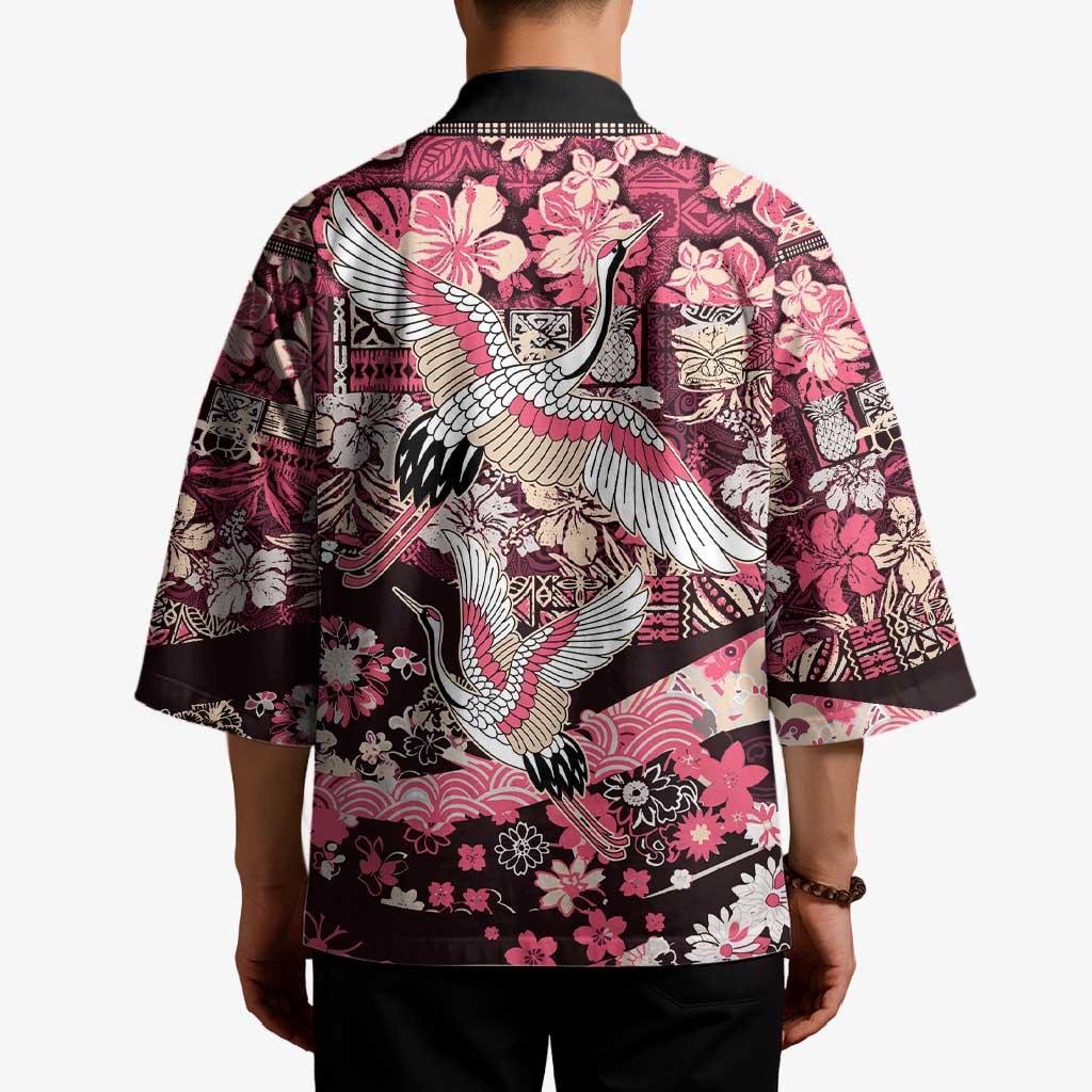 Japanese Hawaiian Crane Kimono Soft Pink Tapa Patchwork Pattern LT9 - Polynesian Pride