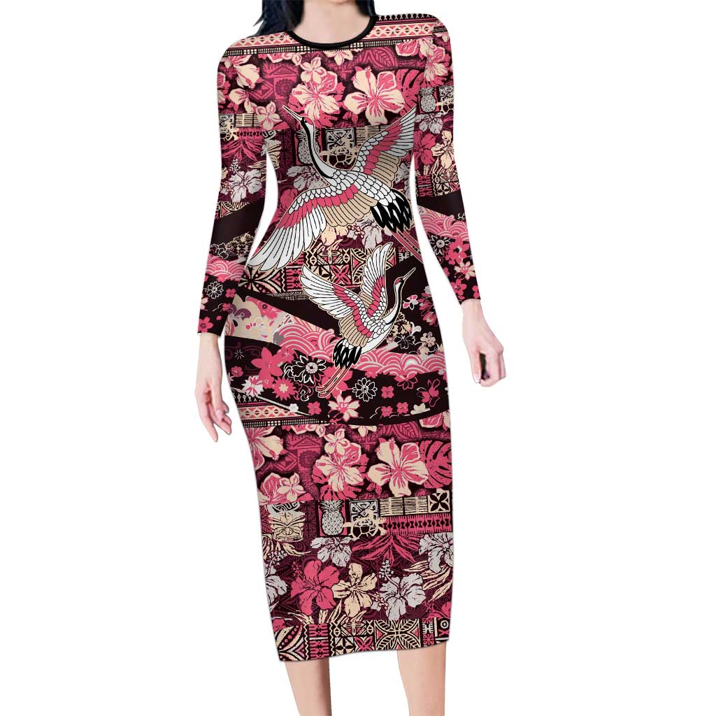 Japanese Hawaiian Crane Long Sleeve Bodycon Dress Soft Pink Tapa Patchwork Pattern LT9 Long Dress Pink - Polynesian Pride