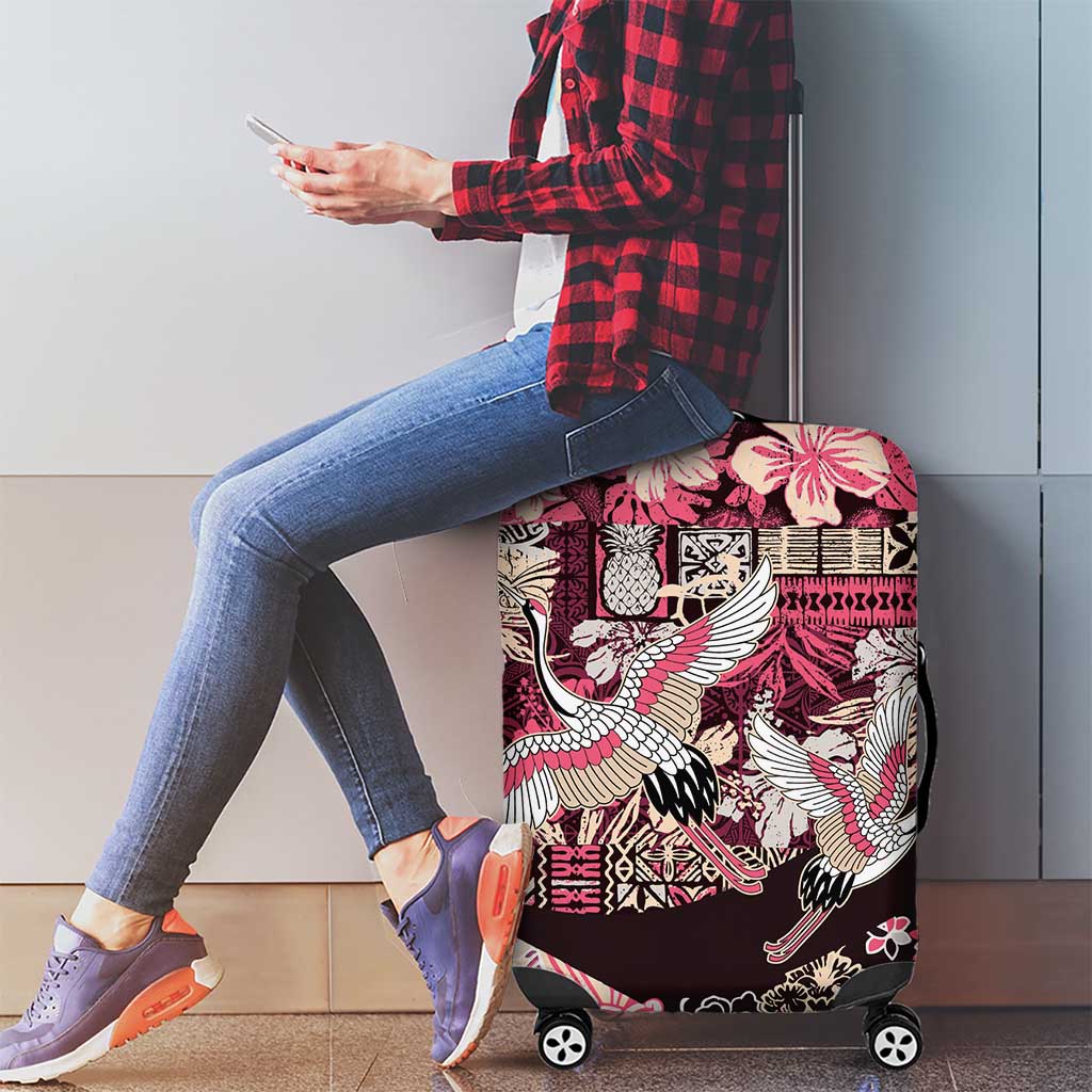 Japanese Hawaiian Crane Luggage Cover Soft Pink Tapa Patchwork Pattern LT9 - Polynesian Pride
