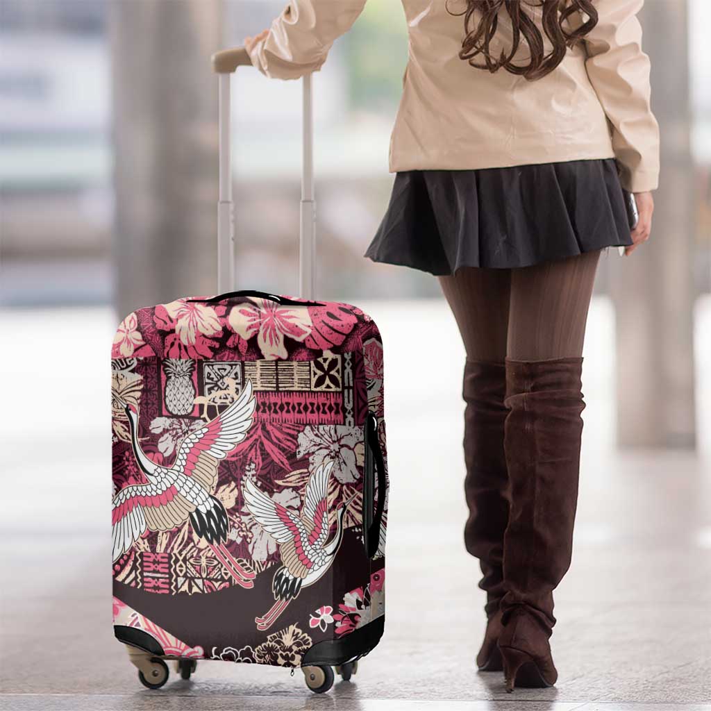 Japanese Hawaiian Crane Luggage Cover Soft Pink Tapa Patchwork Pattern LT9 - Polynesian Pride
