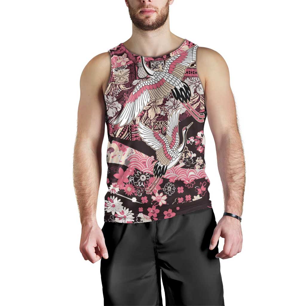 Japanese Hawaiian Crane Men Tank Top Soft Pink Tapa Patchwork Pattern LT9 - Polynesian Pride