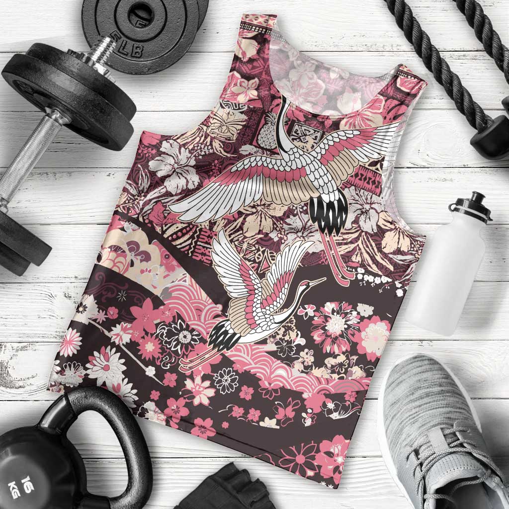 Japanese Hawaiian Crane Men Tank Top Soft Pink Tapa Patchwork Pattern LT9 - Polynesian Pride