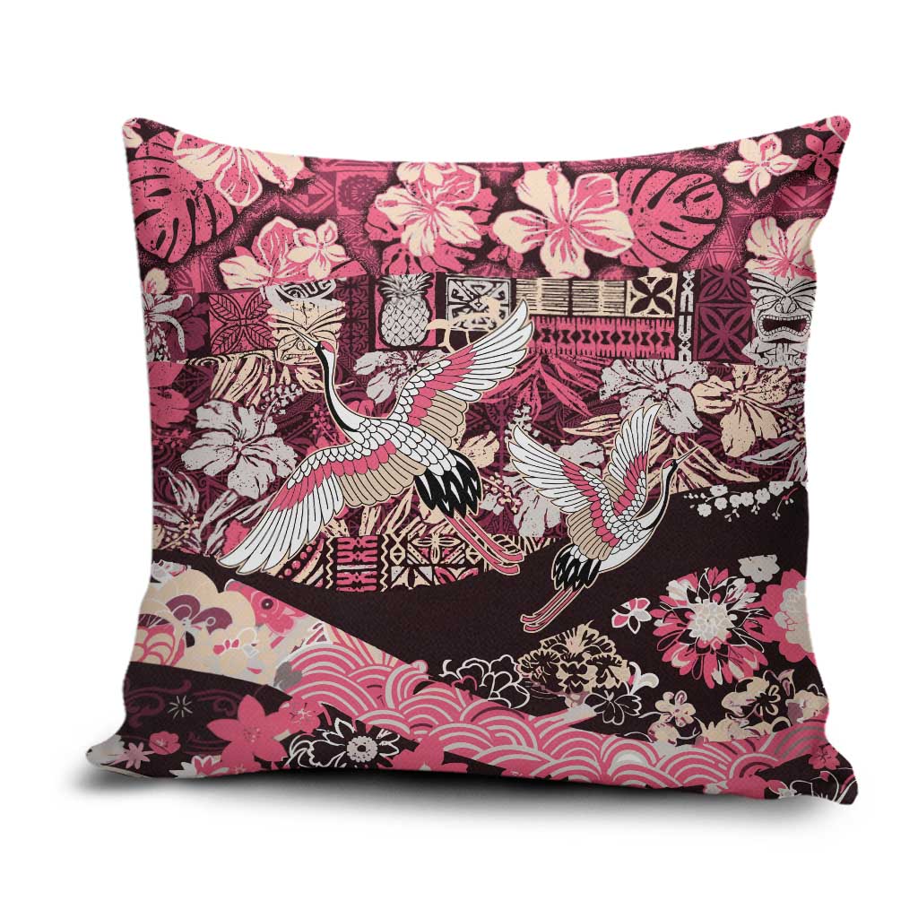 Japanese Hawaiian Crane Pillow Cover Soft Pink Tapa Patchwork Pattern