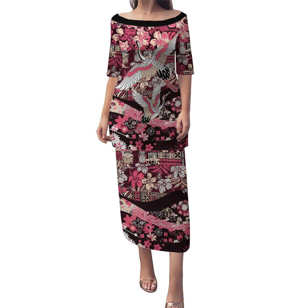 Japanese Hawaiian Crane Puletasi Soft Pink Tapa Patchwork Pattern LT9 Long Dress Pink - Polynesian Pride
