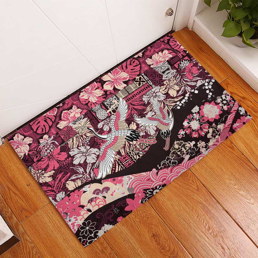 Japanese Hawaiian Crane Rubber Doormat Soft Pink Tapa Patchwork Pattern LT9 - Polynesian Pride