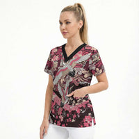 Japanese Hawaiian Crane Scrub Top Soft Pink Tapa Patchwork Pattern LT9 - Polynesian Pride