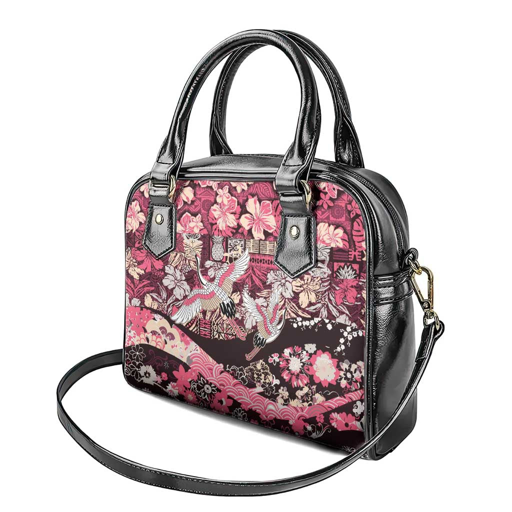 Japanese Hawaiian Crane Shoulder Handbag Soft Pink Tapa Patchwork Pattern