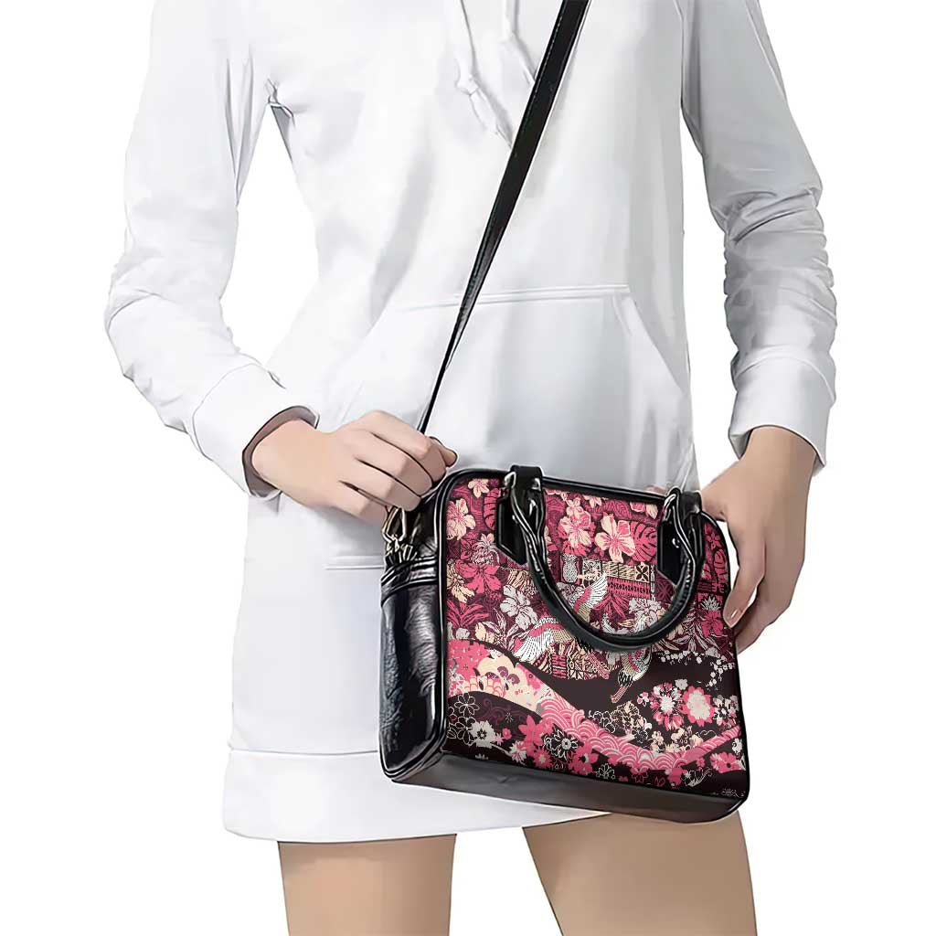 Japanese Hawaiian Crane Shoulder Handbag Soft Pink Tapa Patchwork Pattern