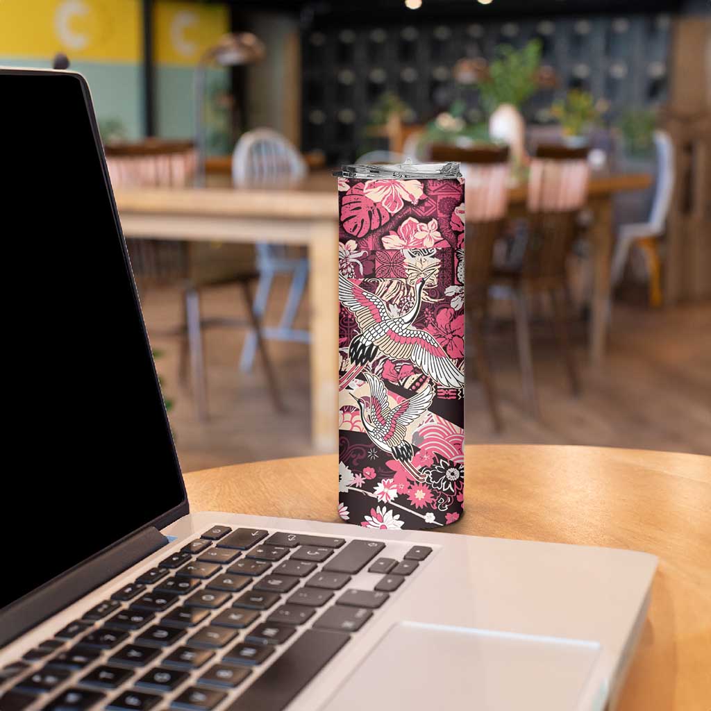 Japanese Hawaiian Crane Skinny Tumbler Soft Pink Tapa Patchwork Pattern LT9 - Polynesian Pride