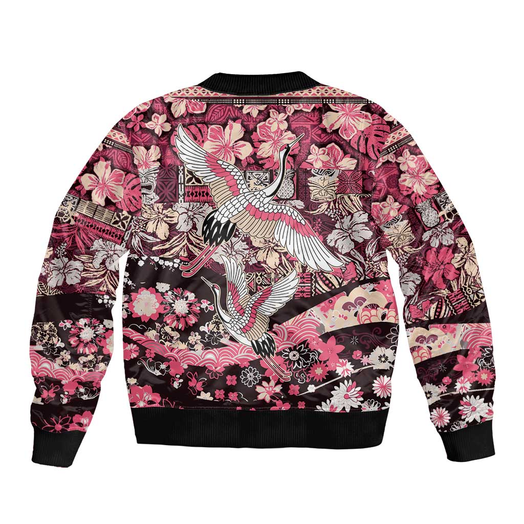 Japanese Hawaiian Crane Sleeve Zip Bomber Jacket Soft Pink Tapa Patchwork Pattern LT9 - Polynesian Pride