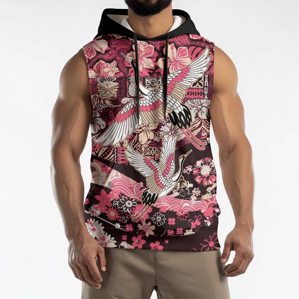 Japanese Hawaiian Crane Sleeveless Hoodie Soft Pink Tapa Patchwork Pattern LT9 - Polynesian Pride