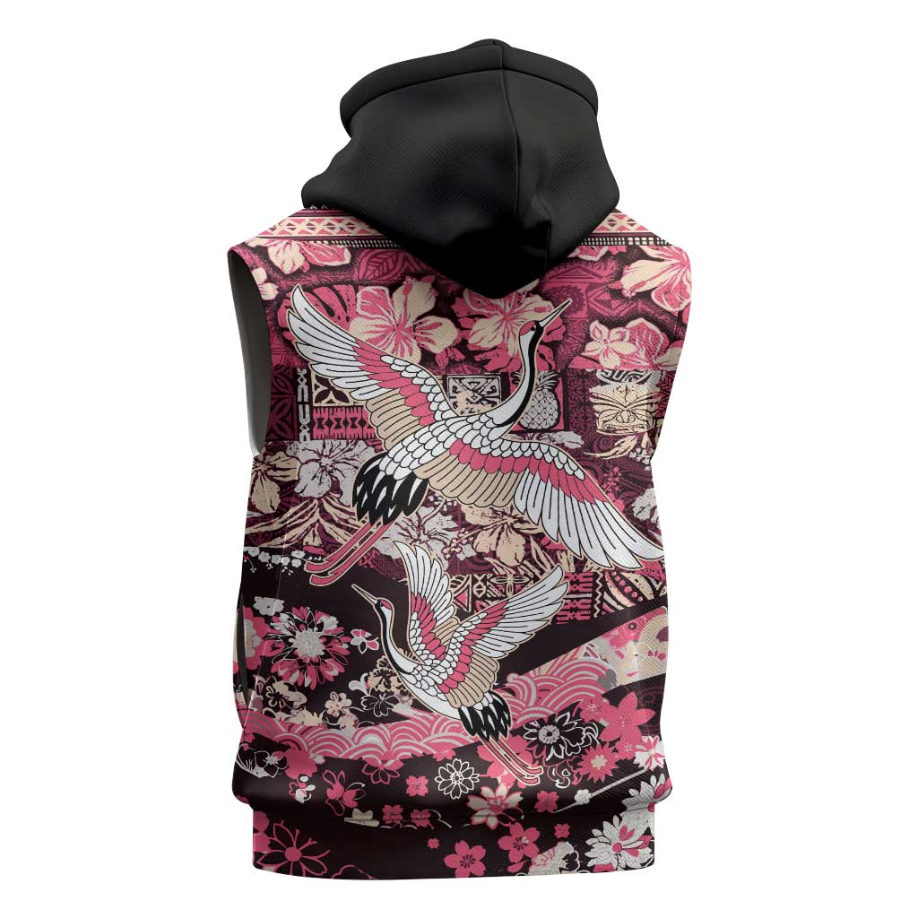 Japanese Hawaiian Crane Sleeveless Zip Hoodie Soft Pink Tapa Patchwork Pattern LT9 - Polynesian Pride