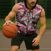 Japanese Hawaiian Crane Sleeveless Zip Hoodie Soft Pink Tapa Patchwork Pattern LT9 - Polynesian Pride
