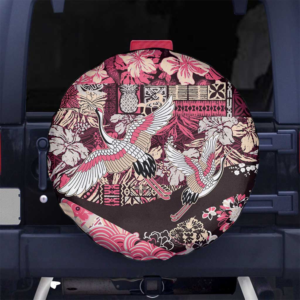 Japanese Hawaiian Crane Spare Tire Cover Soft Pink Tapa Patchwork Pattern