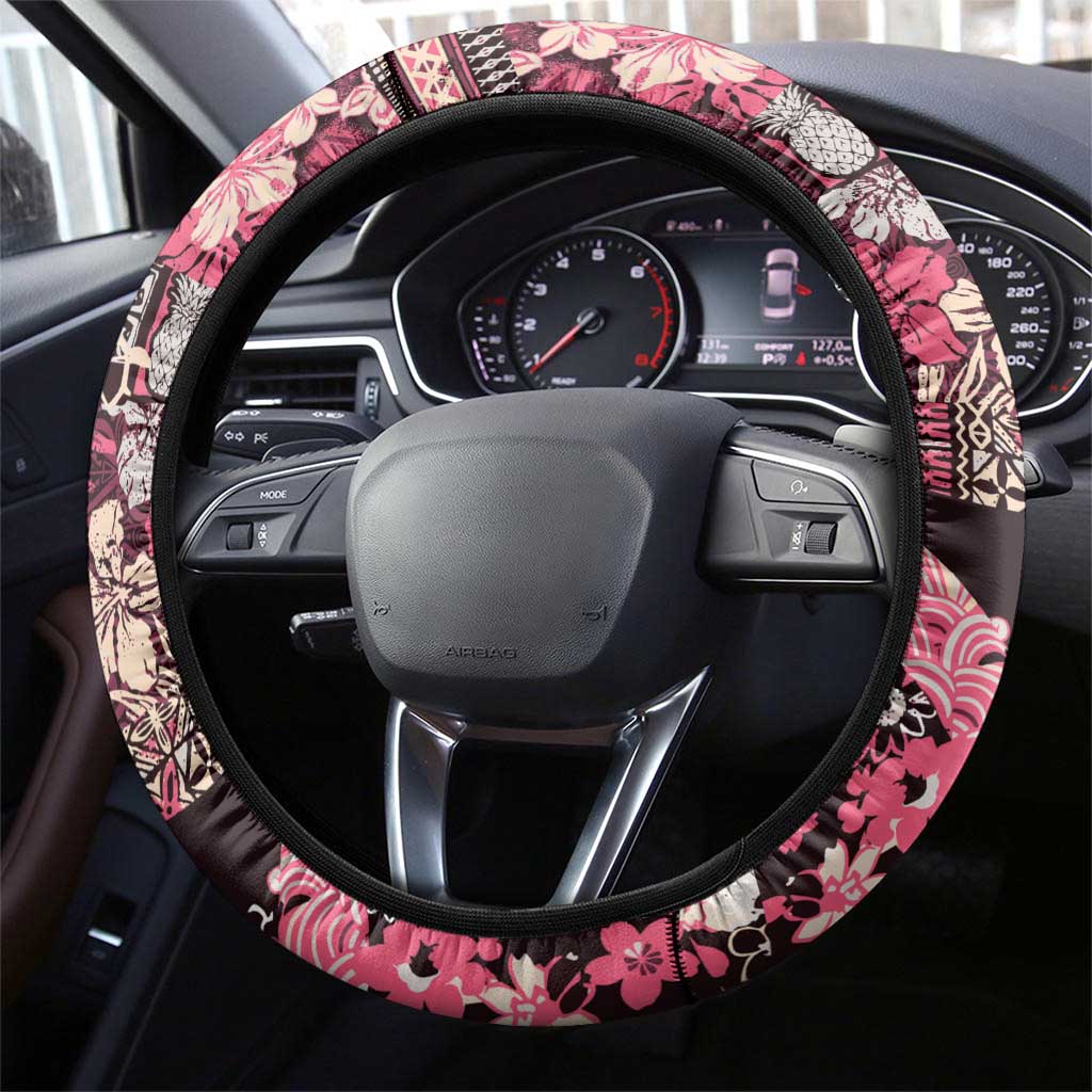 Japanese Hawaiian Crane Steering Wheel Cover Soft Pink Tapa Patchwork Pattern LT9 - Polynesian Pride