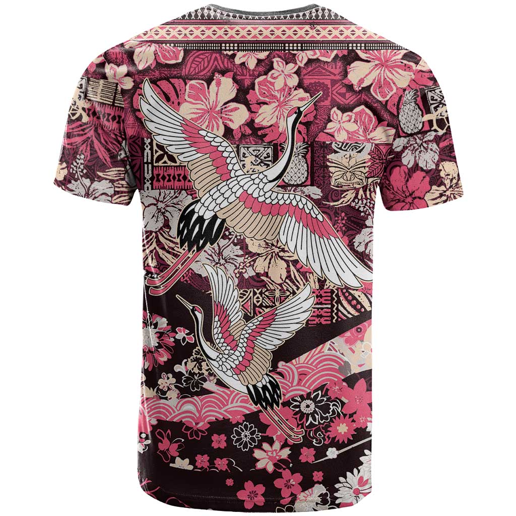 Japanese Hawaiian Crane T Shirt Soft Pink Tapa Patchwork Pattern LT9 - Polynesian Pride