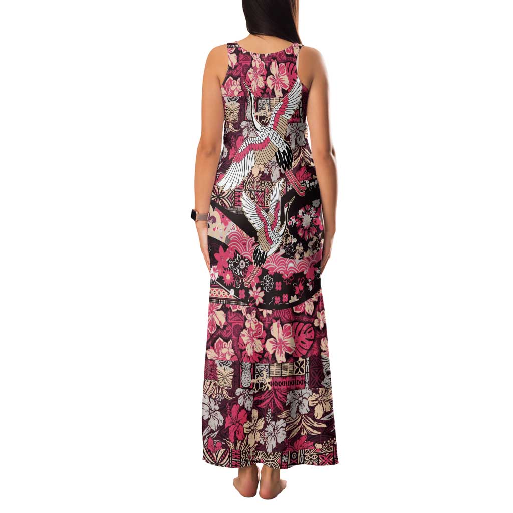 Japanese Hawaiian Crane Tank Maxi Dress Soft Pink Tapa Patchwork Pattern