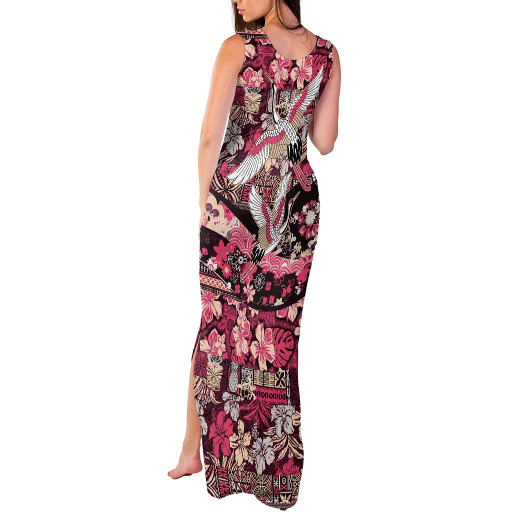 Japanese Hawaiian Crane Tank Maxi Dress Soft Pink Tapa Patchwork Pattern