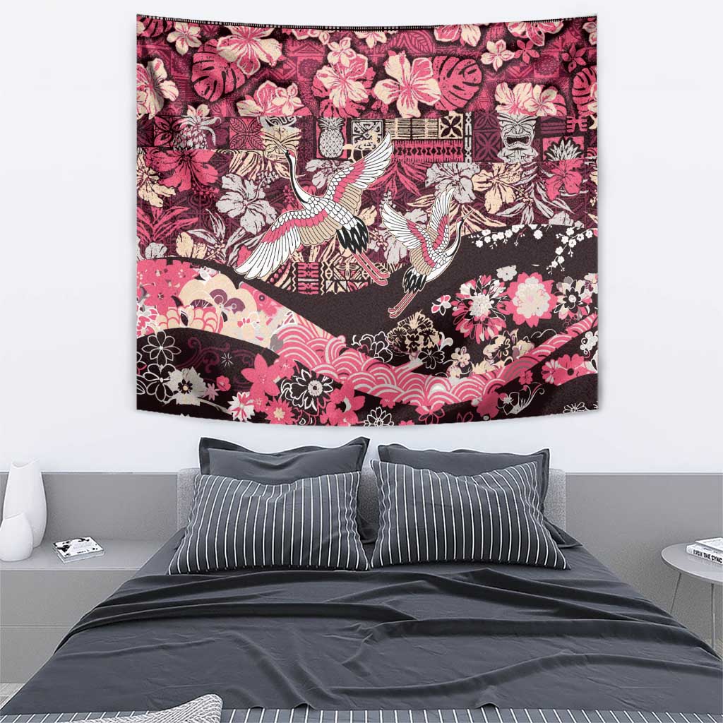 Japanese Hawaiian Crane Tapestry Soft Pink Tapa Patchwork Pattern LT9 - Polynesian Pride