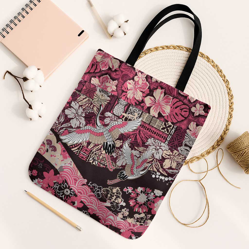 Japanese Hawaiian Crane Tote Bag Soft Pink Tapa Patchwork Pattern