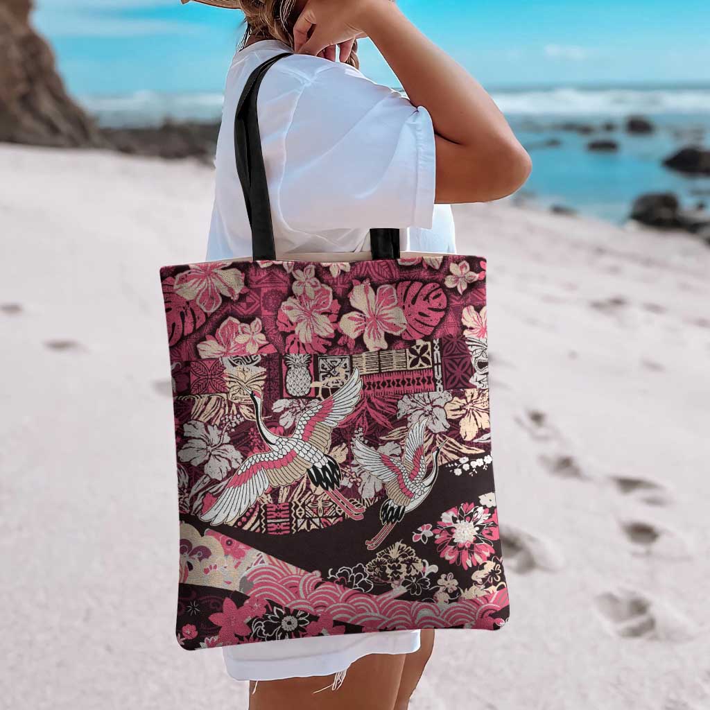 Japanese Hawaiian Crane Tote Bag Soft Pink Tapa Patchwork Pattern