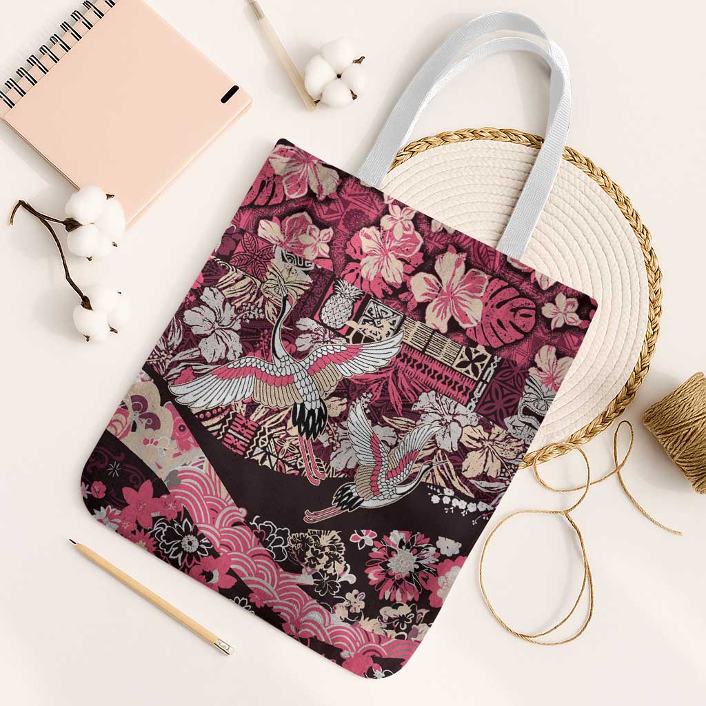 Japanese Hawaiian Crane Tote Bag Soft Pink Tapa Patchwork Pattern