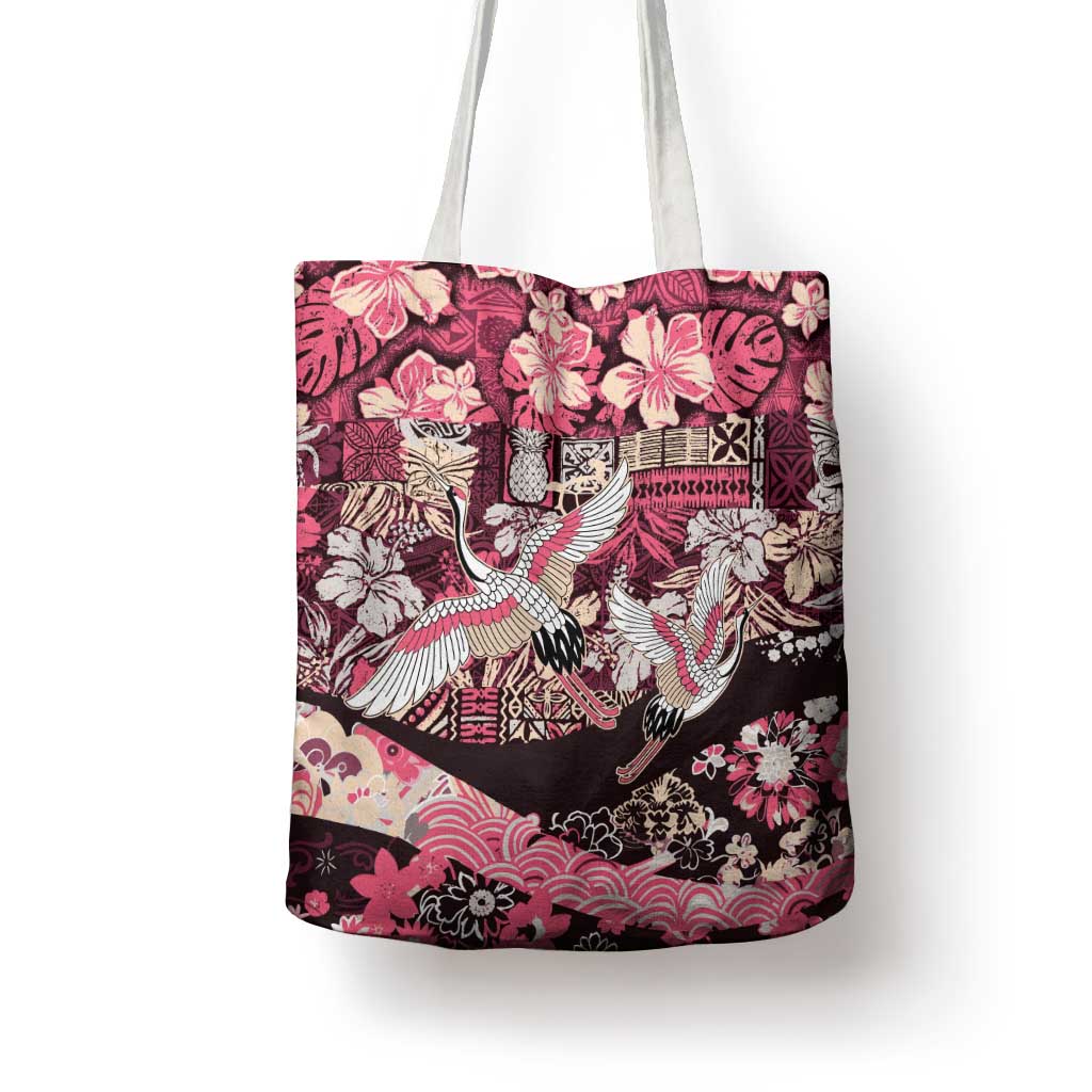 Japanese Hawaiian Crane Tote Bag Soft Pink Tapa Patchwork Pattern