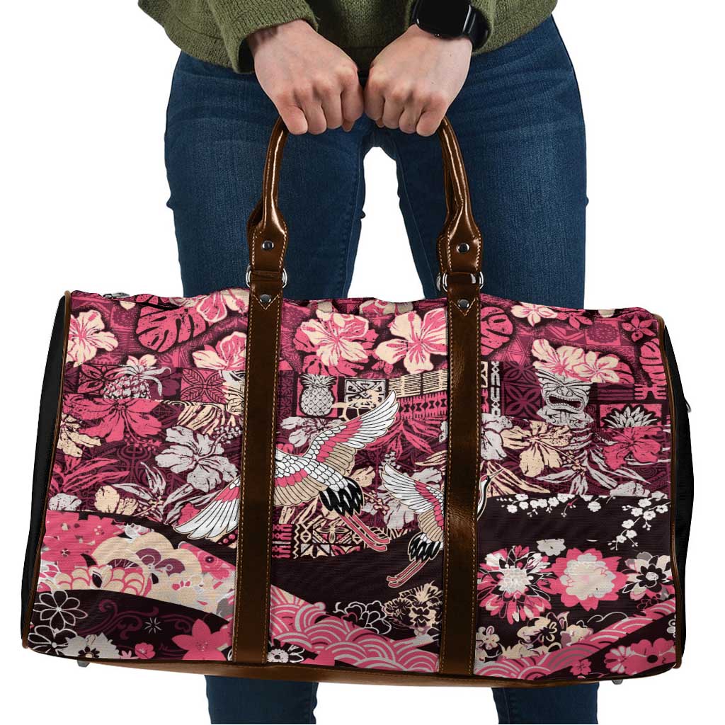 Japanese Hawaiian Crane Travel Bag Soft Pink Tapa Patchwork Pattern LT9 Pink - Polynesian Pride