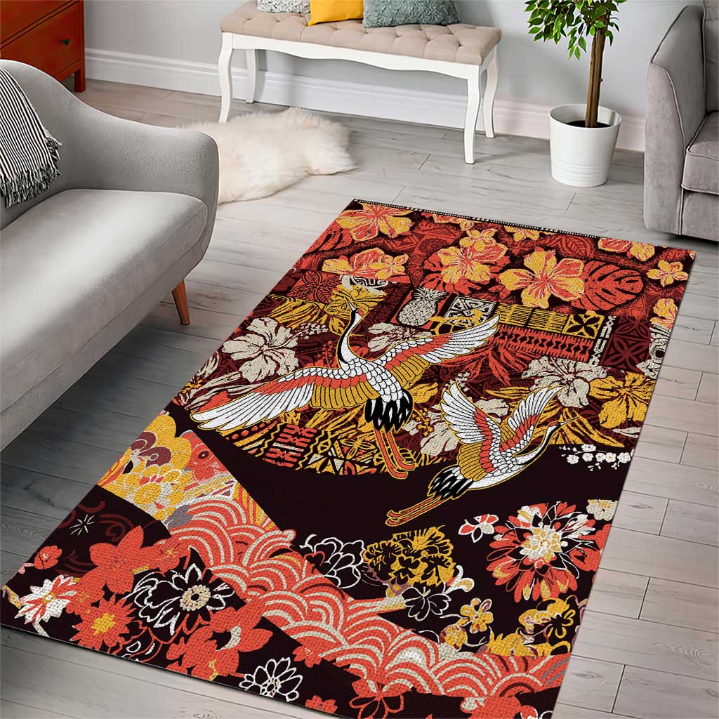 Japanese Hawaiian Crane Area Rug Yellow Ochre Tapa Patchwork Pattern LT9 - Polynesian Pride