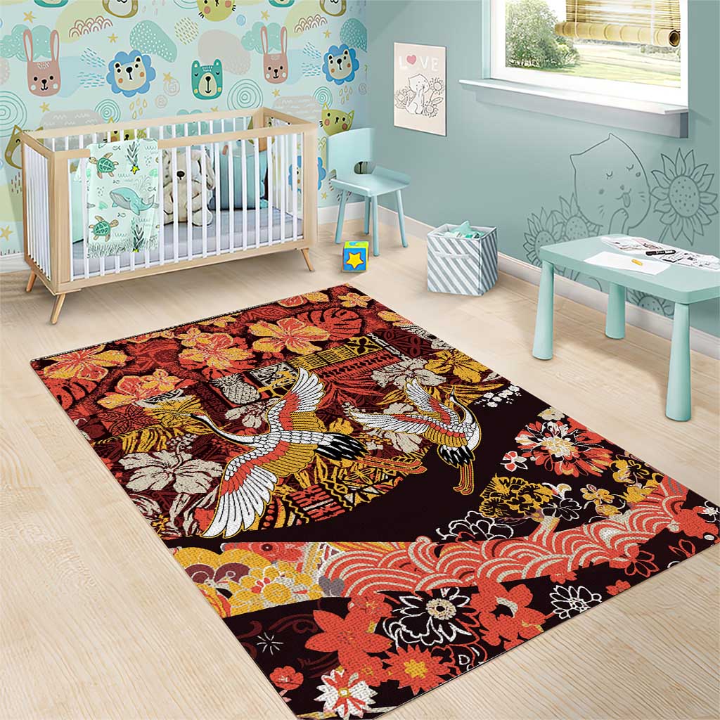 Japanese Hawaiian Crane Area Rug Yellow Ochre Tapa Patchwork Pattern LT9 - Polynesian Pride