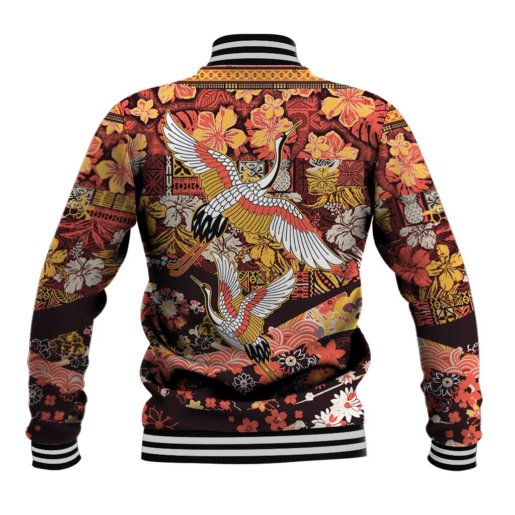 Japanese Hawaiian Crane Baseball Jacket Yellow Ochre Tapa Patchwork Pattern LT9 - Polynesian Pride
