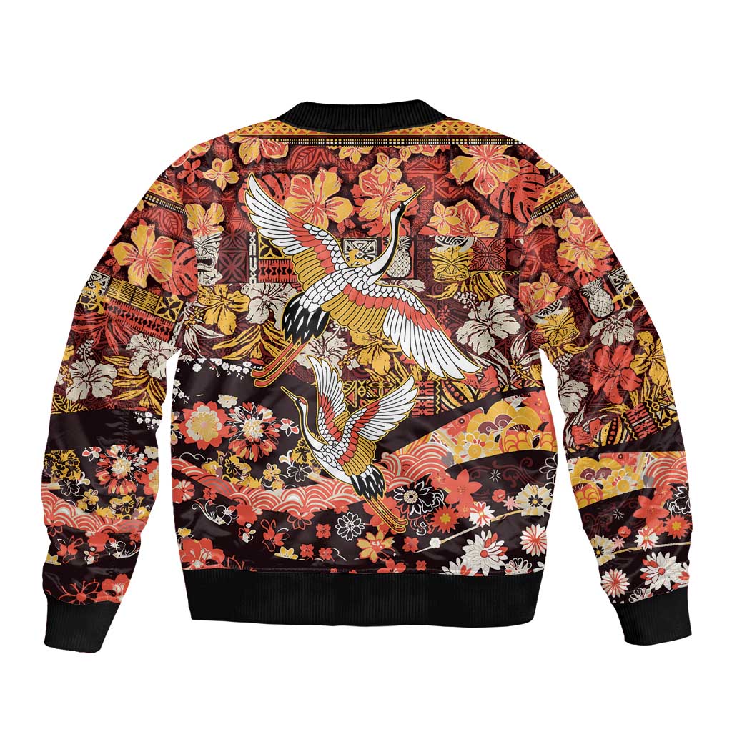 Japanese Hawaiian Crane Bomber Jacket Yellow Ochre Tapa Patchwork Pattern LT9 - Polynesian Pride