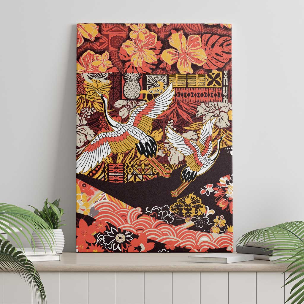 Japanese Hawaiian Crane Canvas Wall Art Yellow Ochre Tapa Patchwork Pattern LT9 - Polynesian Pride