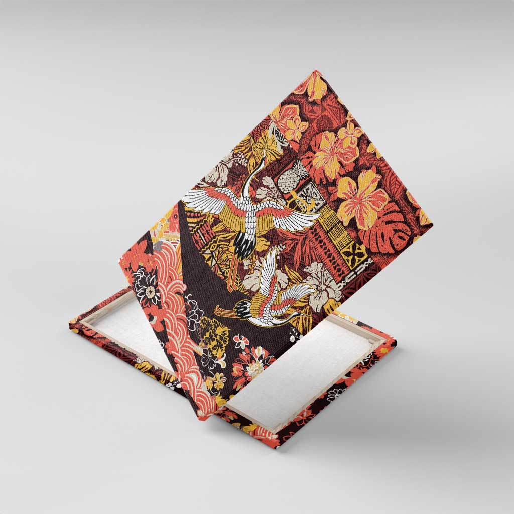 Japanese Hawaiian Crane Canvas Wall Art Yellow Ochre Tapa Patchwork Pattern LT9 With Frame Yellow - Polynesian Pride