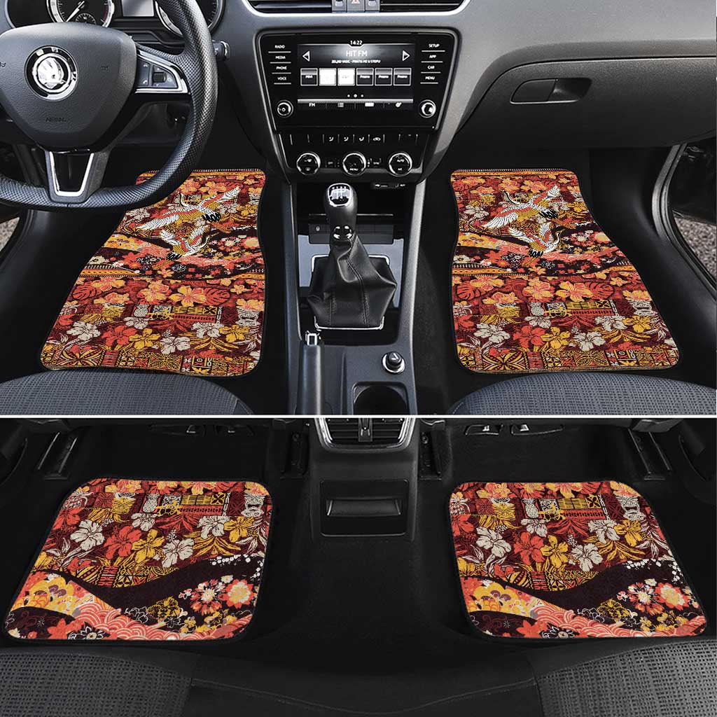 Japanese Hawaiian Crane Car Mats Yellow Ochre Tapa Patchwork Pattern