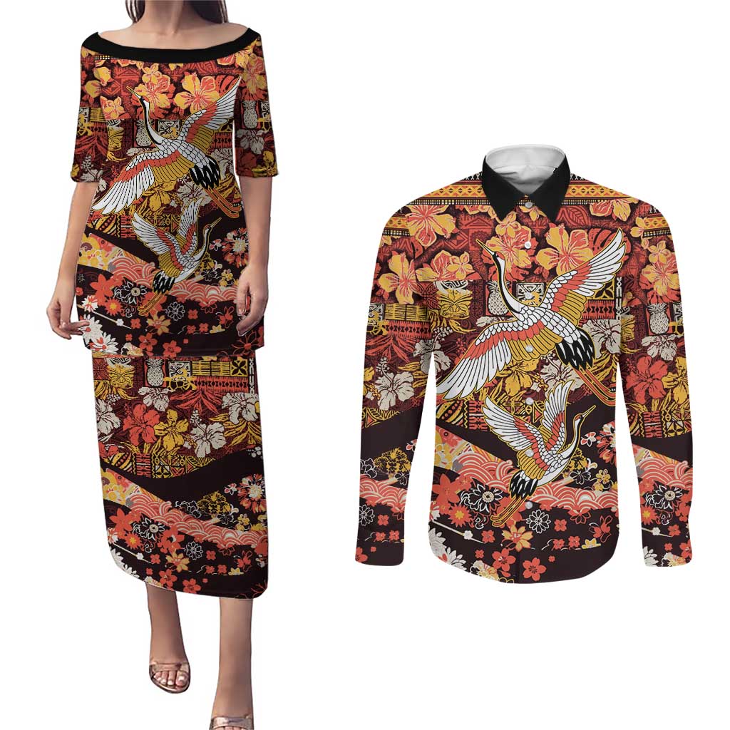 Japanese Hawaiian Crane Couples Matching Puletasi and Long Sleeve Button Shirt Yellow Ochre Tapa Patchwork Pattern
