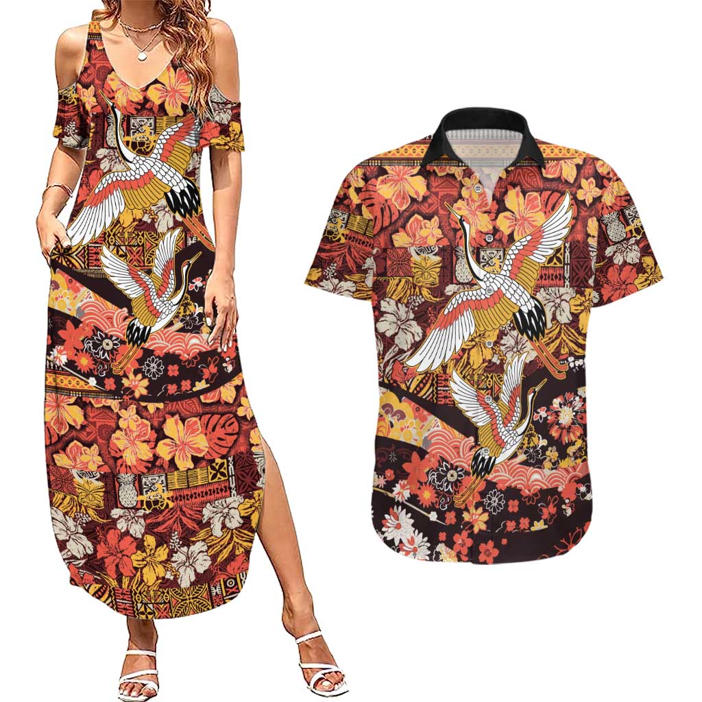 Japanese Hawaiian Crane Couples Matching Summer Maxi Dress and Hawaiian Shirt Yellow Ochre Tapa Patchwork Pattern LT9 Yellow - Polynesian Pride