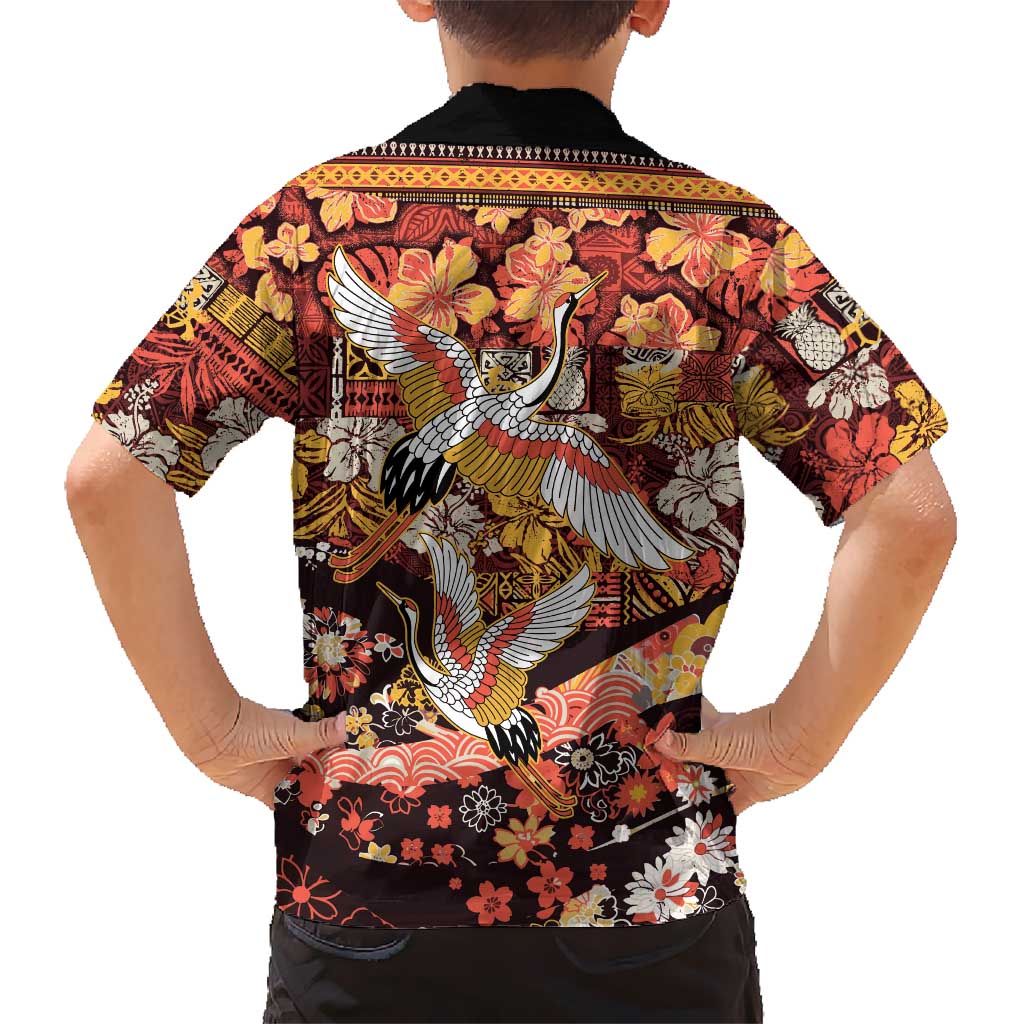 Japanese Hawaiian Crane Family Matching Mermaid Dress and Hawaiian Shirt Yellow Ochre Tapa Patchwork Pattern