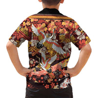 Japanese Hawaiian Crane Family Matching Mermaid Dress and Hawaiian Shirt Yellow Ochre Tapa Patchwork Pattern