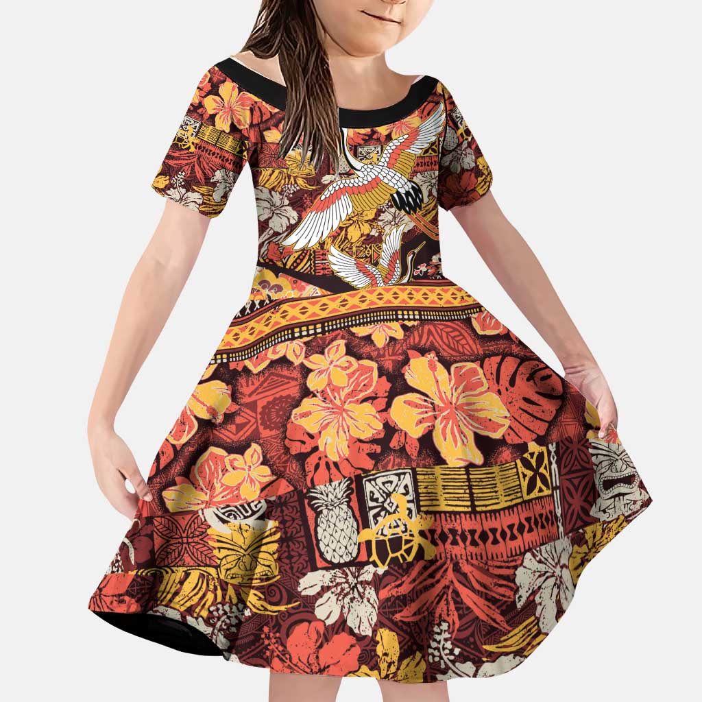 Japanese Hawaiian Crane Family Matching Mermaid Dress and Hawaiian Shirt Yellow Ochre Tapa Patchwork Pattern