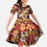 Japanese Hawaiian Crane Family Matching Mermaid Dress and Hawaiian Shirt Yellow Ochre Tapa Patchwork Pattern