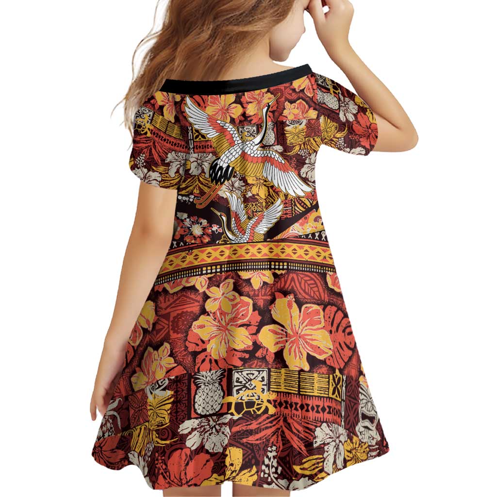 Japanese Hawaiian Crane Family Matching Mermaid Dress and Hawaiian Shirt Yellow Ochre Tapa Patchwork Pattern