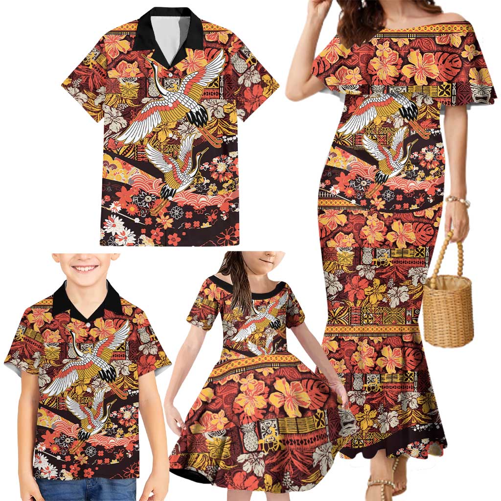 Japanese Hawaiian Crane Family Matching Mermaid Dress and Hawaiian Shirt Yellow Ochre Tapa Patchwork Pattern