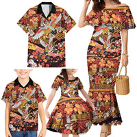 Japanese Hawaiian Crane Family Matching Mermaid Dress and Hawaiian Shirt Yellow Ochre Tapa Patchwork Pattern