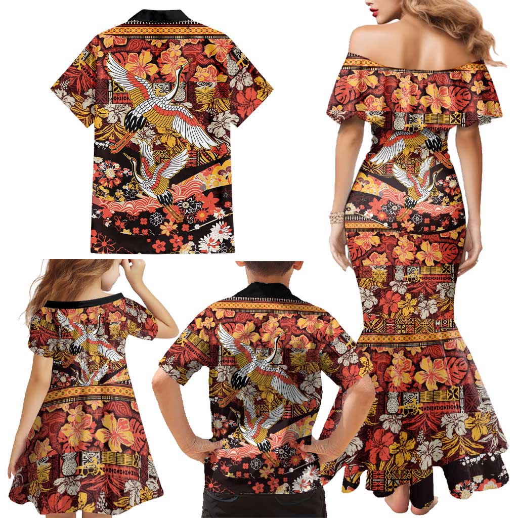 Japanese Hawaiian Crane Family Matching Mermaid Dress and Hawaiian Shirt Yellow Ochre Tapa Patchwork Pattern