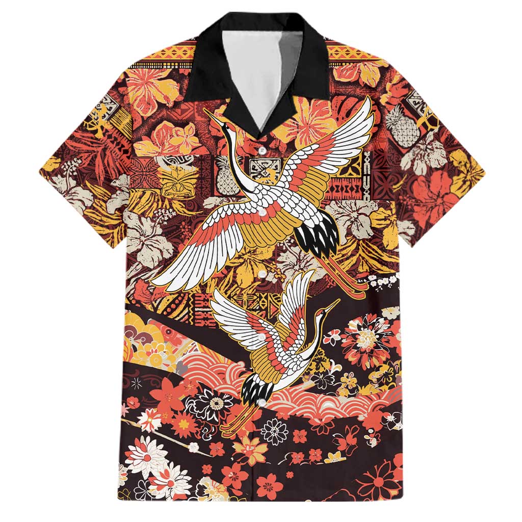Japanese Hawaiian Crane Family Matching Mermaid Dress and Hawaiian Shirt Yellow Ochre Tapa Patchwork Pattern