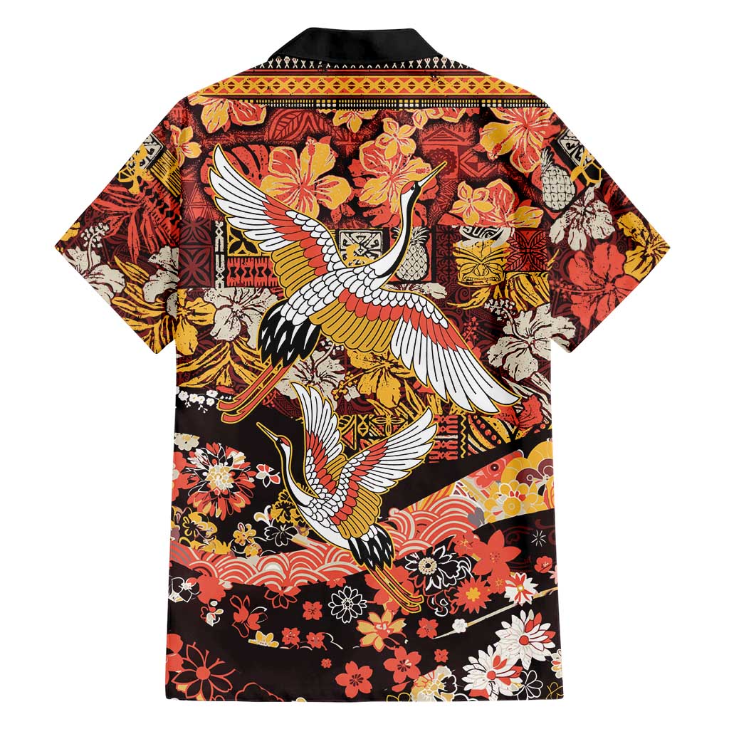 Japanese Hawaiian Crane Family Matching Mermaid Dress and Hawaiian Shirt Yellow Ochre Tapa Patchwork Pattern