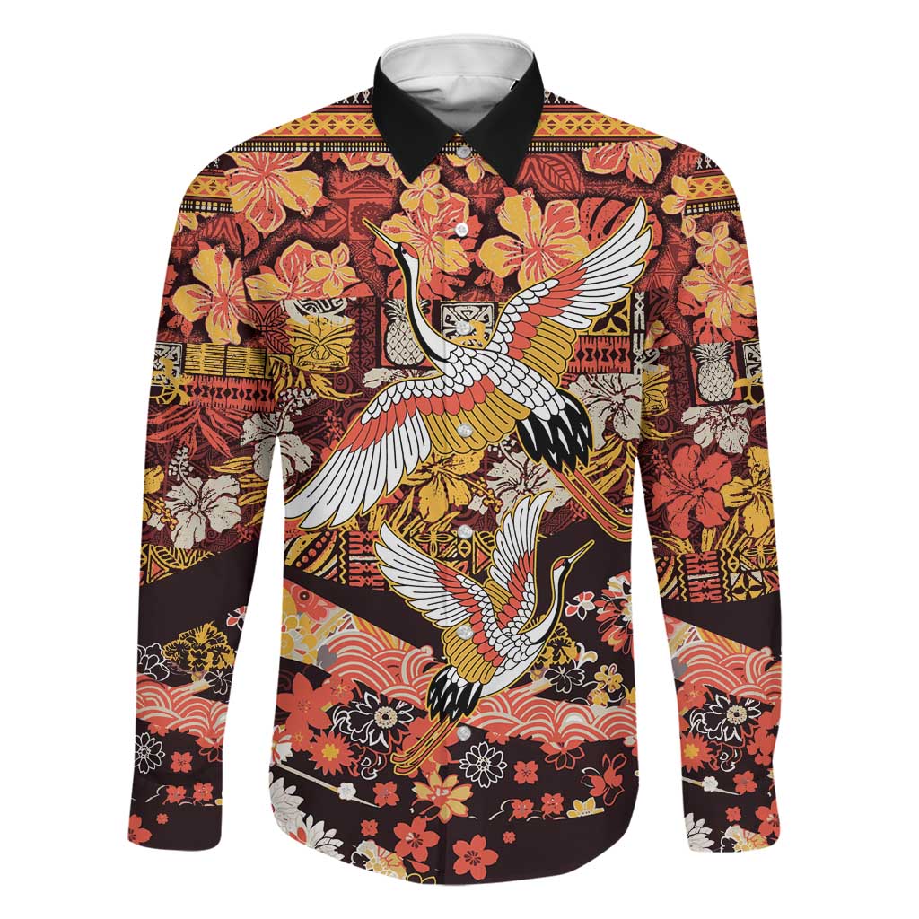 Japanese Hawaiian Crane Family Matching Mermaid Dress and Hawaiian Shirt Yellow Ochre Tapa Patchwork Pattern
